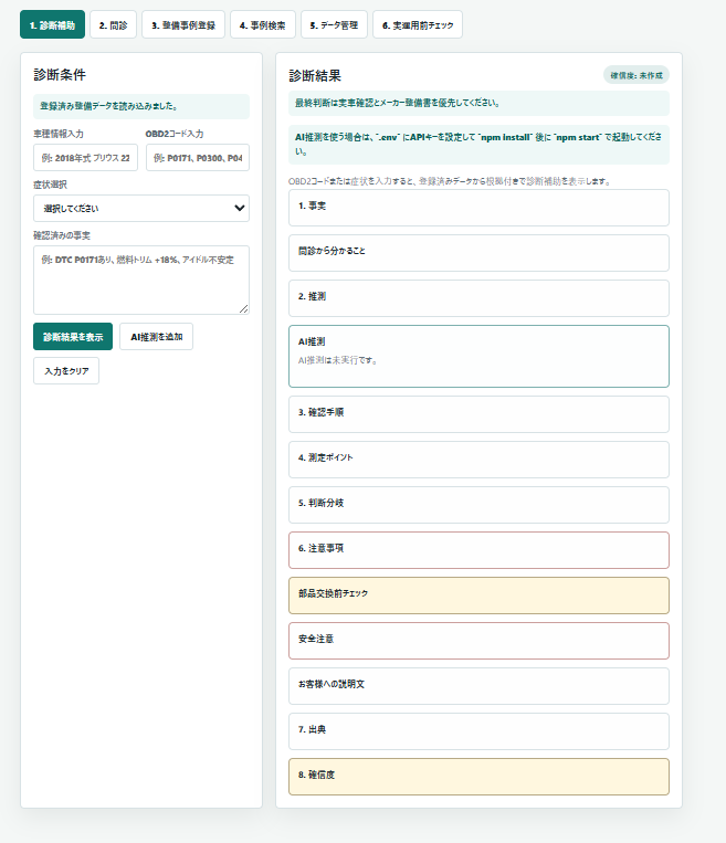 自作診断補助ツールの画面。左に診断条件と問診フォーム、右に診断結果が表示される構成